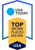 A blue and yellow award badge for USA TODAY Top Workplaces 2025-2026.